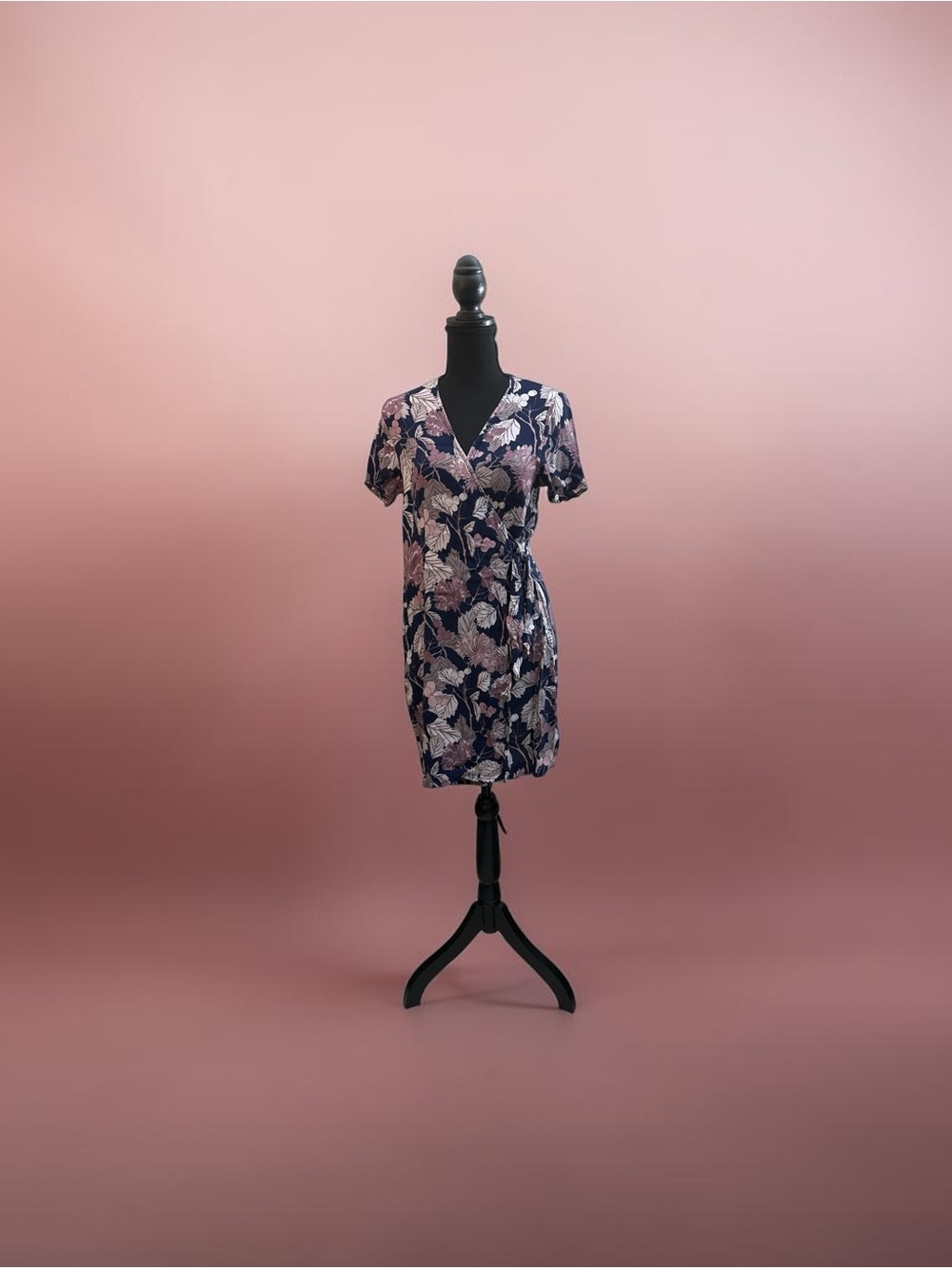 Navy Floral Faux-Wrap Mini Dress with Pink Bloom